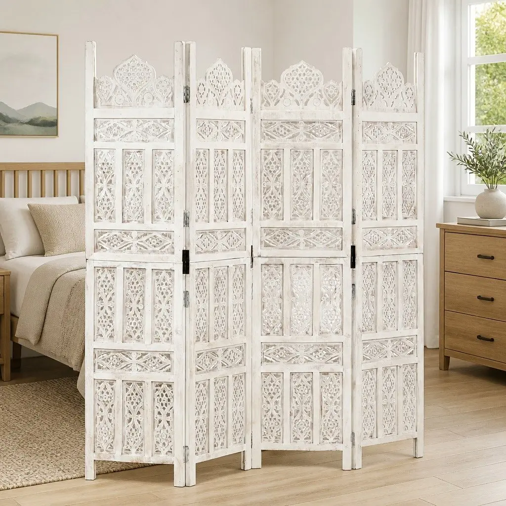 4-Panel Room Divider White Hand Carved Wooden Folding Privacy Screen