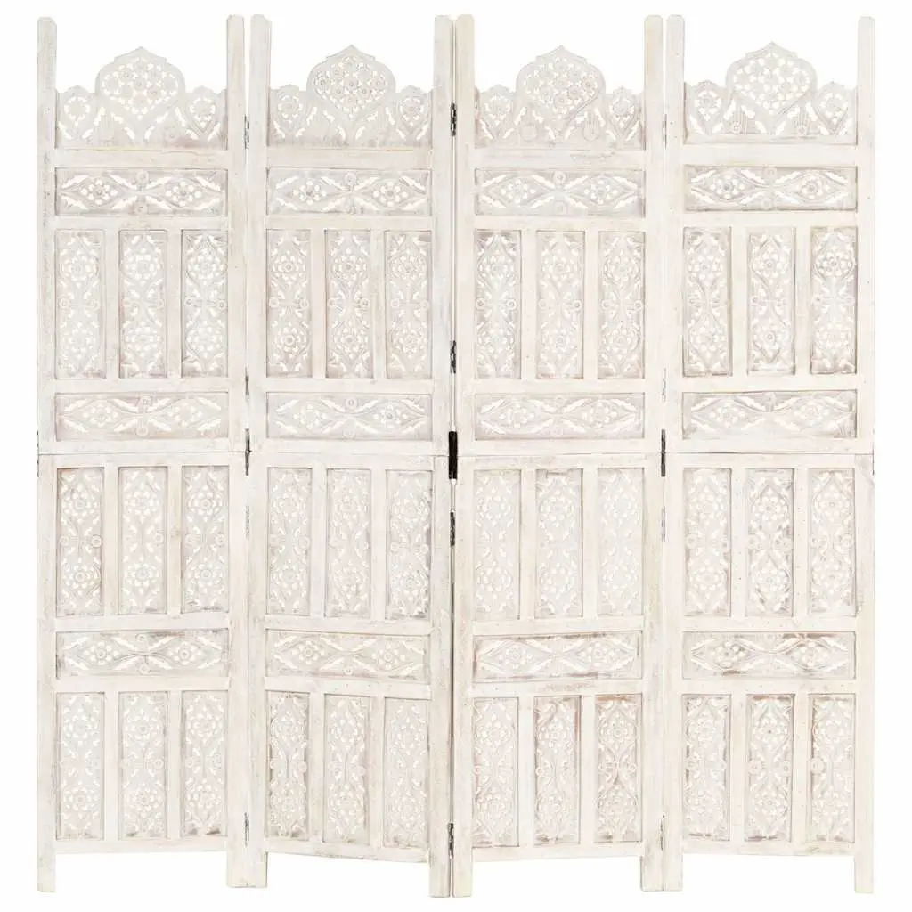 4-Panel Room Divider White Hand Carved Wooden Folding Privacy Screen