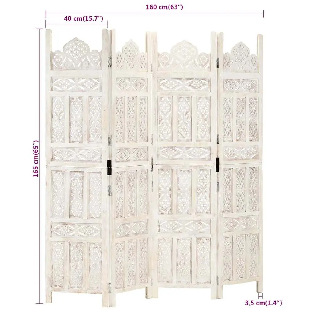 4-Panel Room Divider White Hand Carved Wooden Folding Privacy Screen