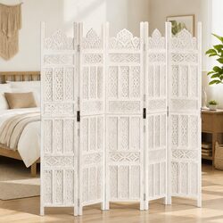 Hand Carved 5-Panel Room Divider Screen White Folding Privacy Partition