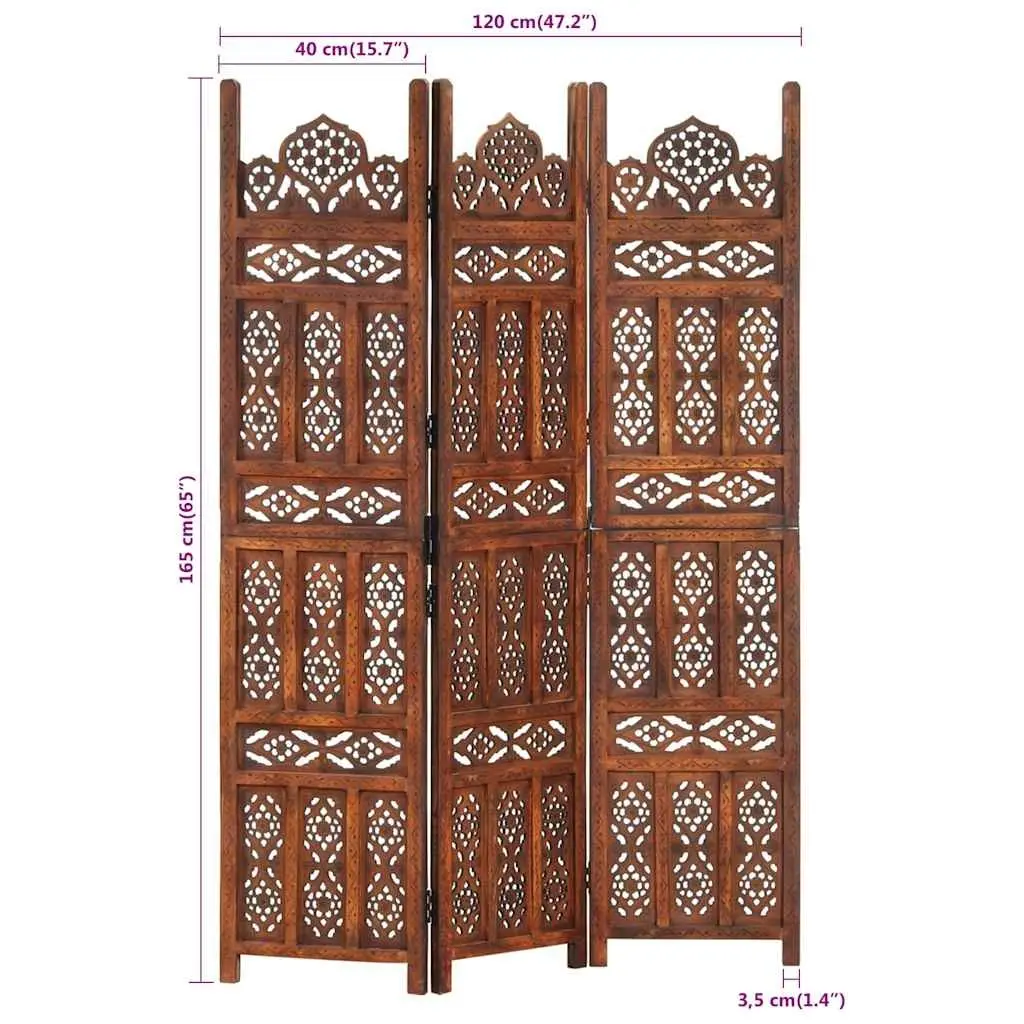 Hand Carved 3-Panel Room Divider Screen Folding Privacy Partition Brown