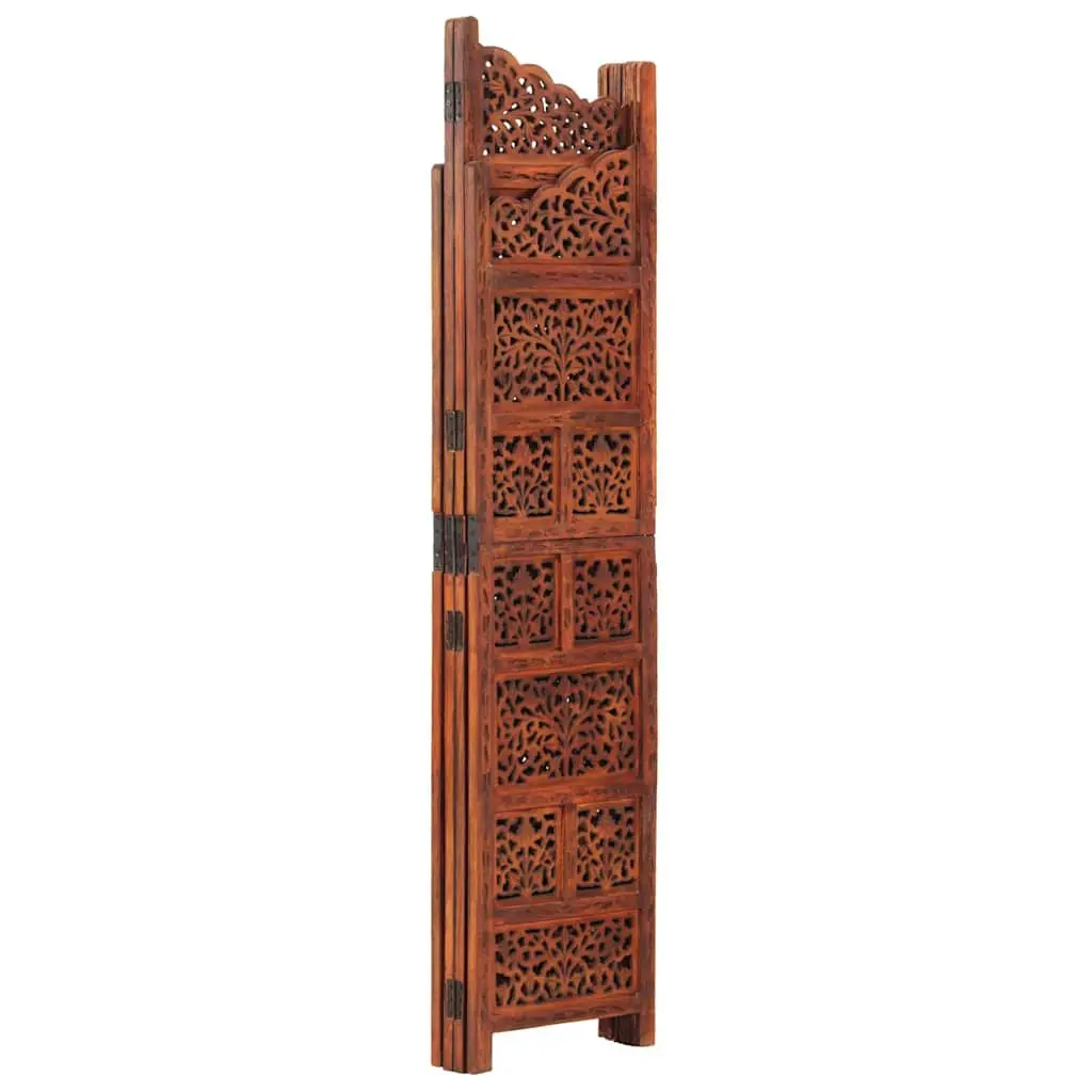 4-Panel Room Divider Brown Folding Hand Carved Wooden Screen