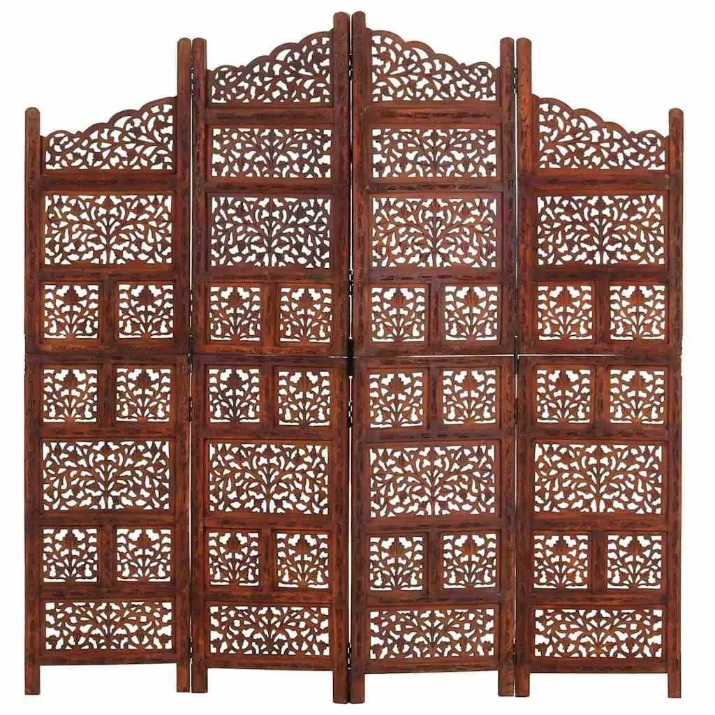 4-Panel Room Divider Brown Folding Hand Carved Wooden Screen