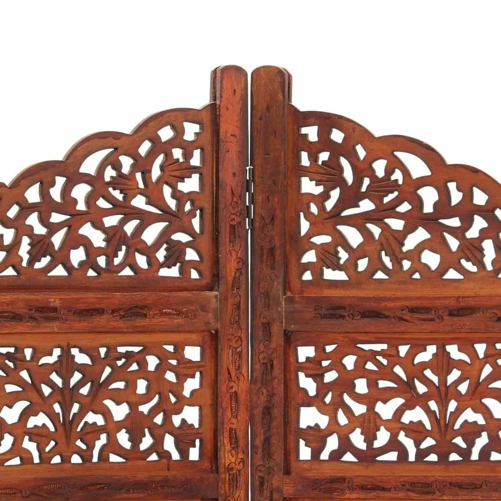 4-Panel Room Divider Brown Folding Hand Carved Wooden Screen
