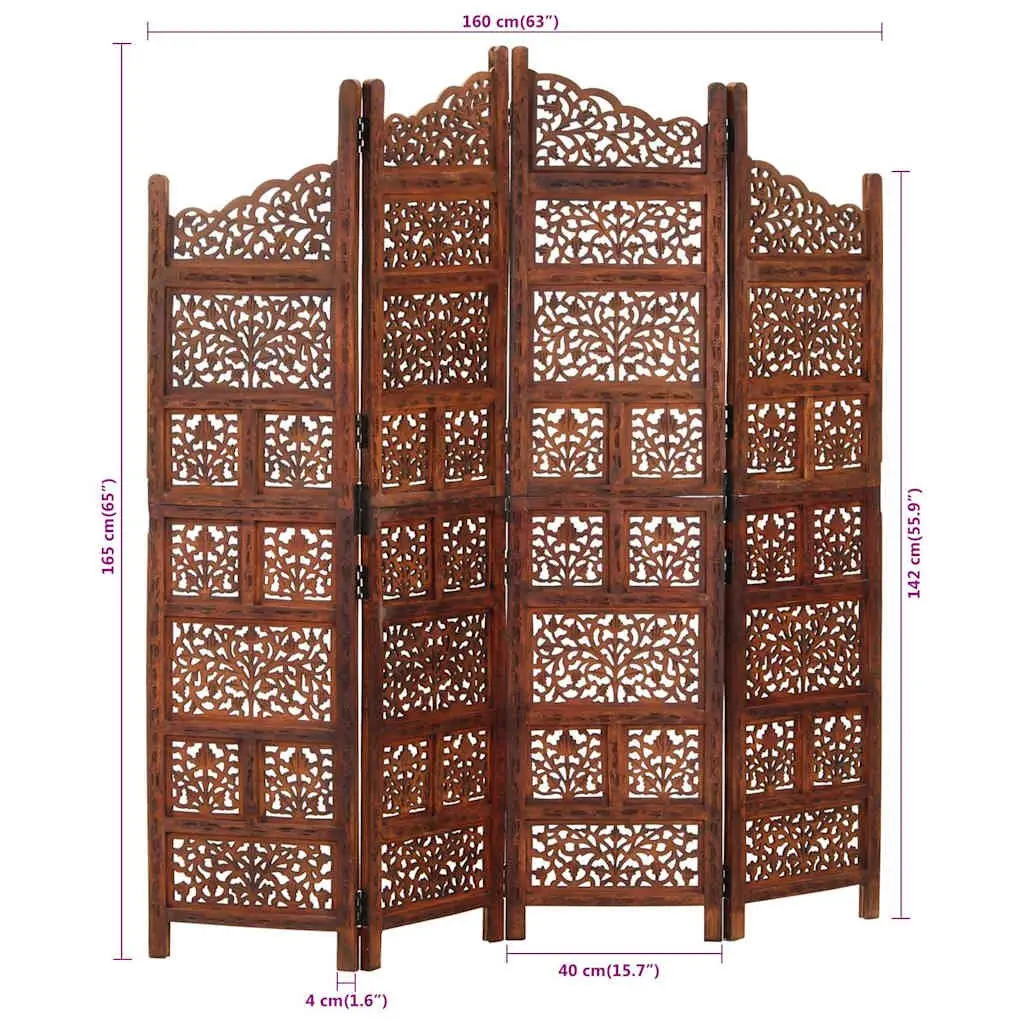4-Panel Room Divider Brown Folding Hand Carved Wooden Screen