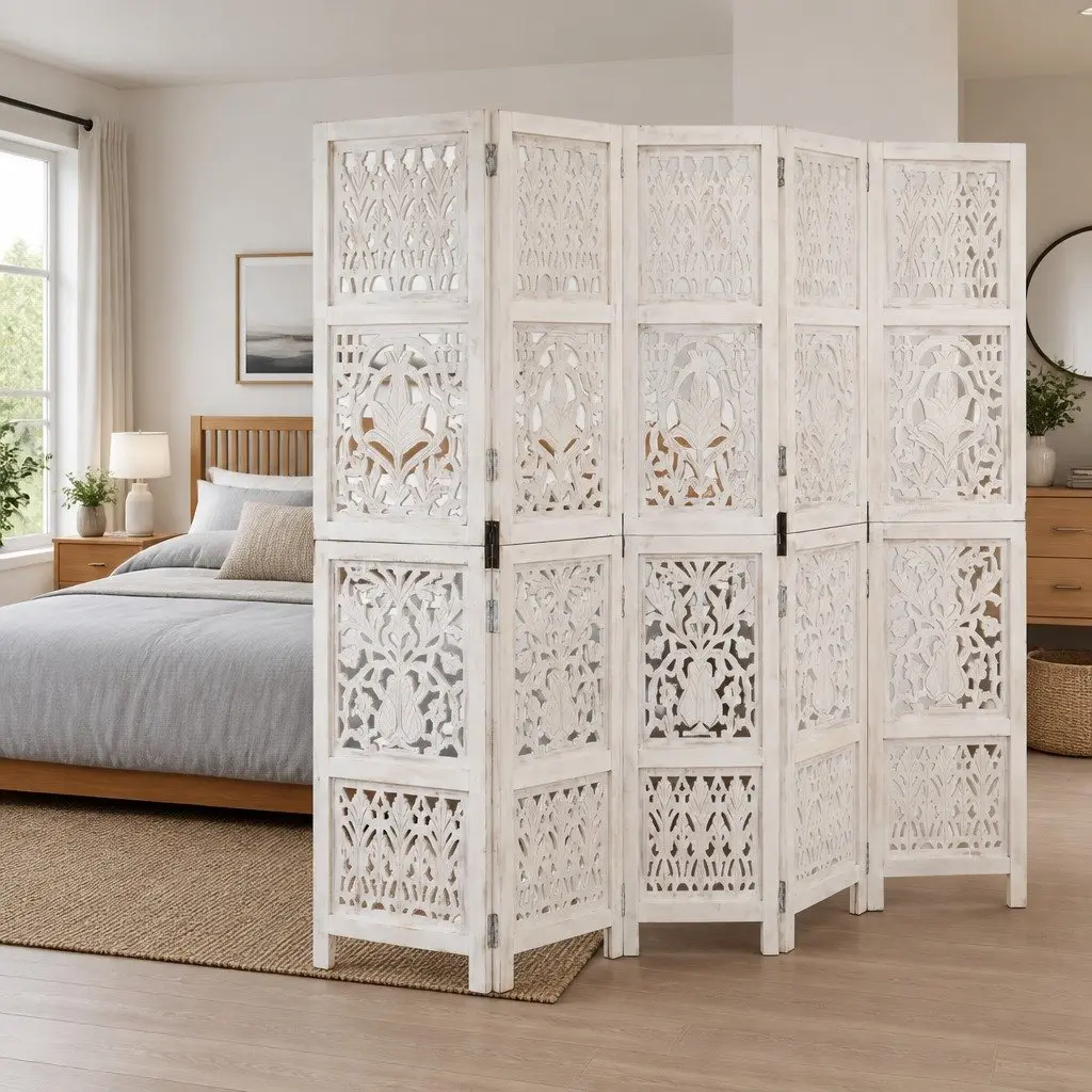 5-Panel Room Divider White 200x165 cm Hand Carved Folding Privacy Screen