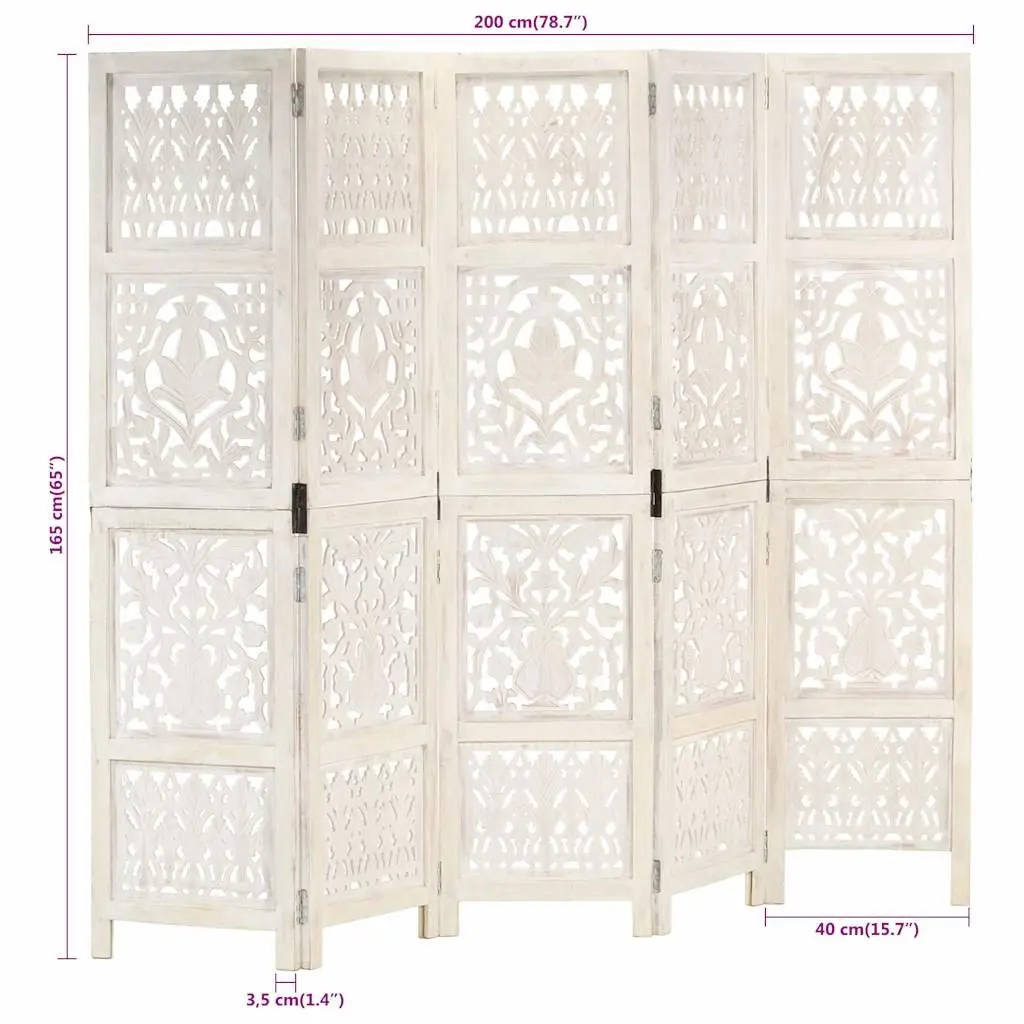 5-Panel Room Divider White 200x165 cm Hand Carved Folding Privacy Screen
