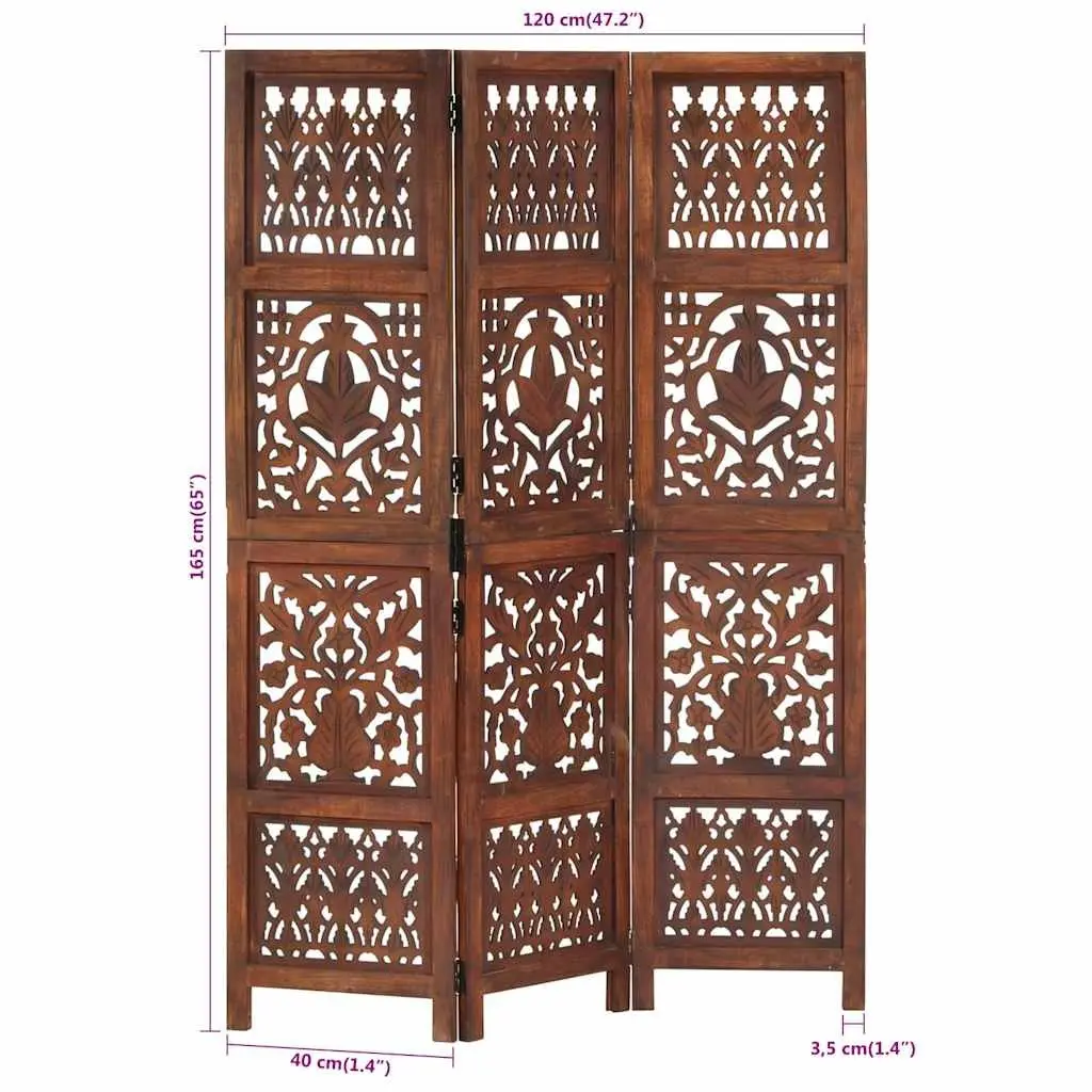 Hand Carved 3-Panel Room Divider Brown 120x165 cm Solid Wood Folding Screen