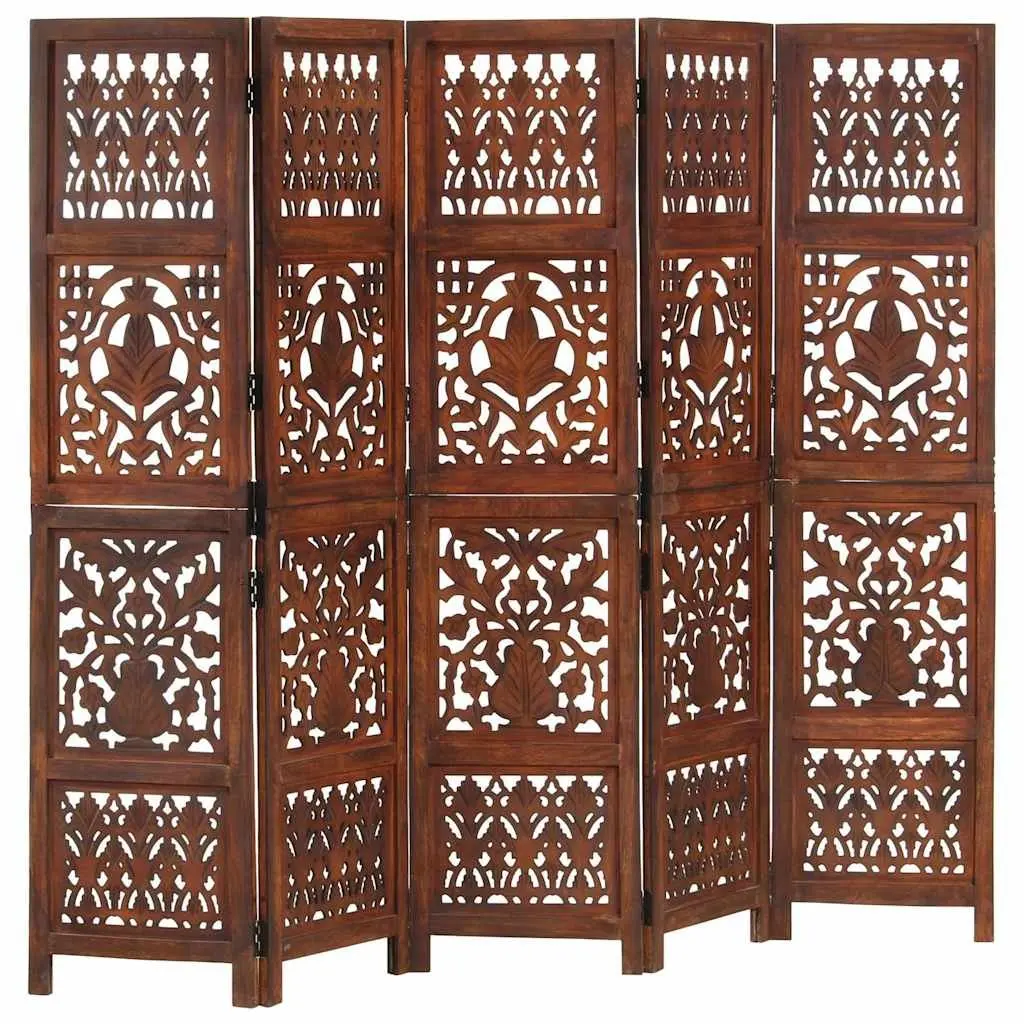 Hand Carved 5-Panel Room Divider Folding Privacy Screen Wooden Partition