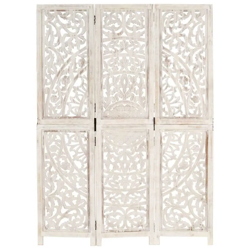 Hand Carved 3-Panel Room Divider White 120x165cm Folding Privacy Partition