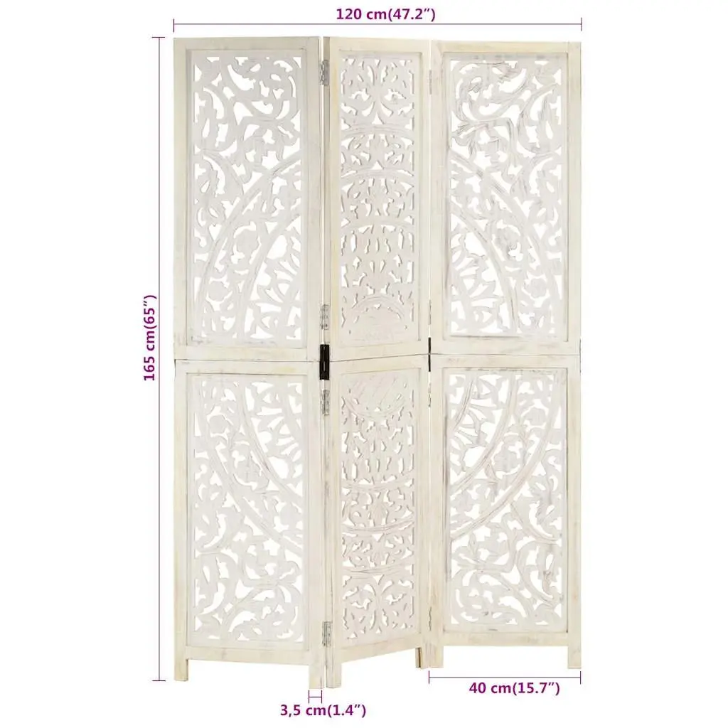 Hand Carved 3-Panel Room Divider White 120x165cm Folding Privacy Partition
