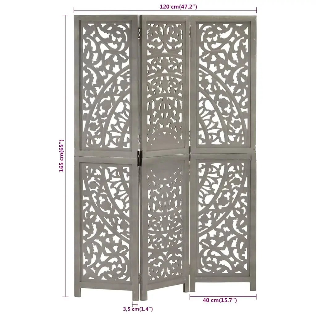 Hand Carved 3-Panel Room Divider Grey Solid Wood Folding Privacy Screen