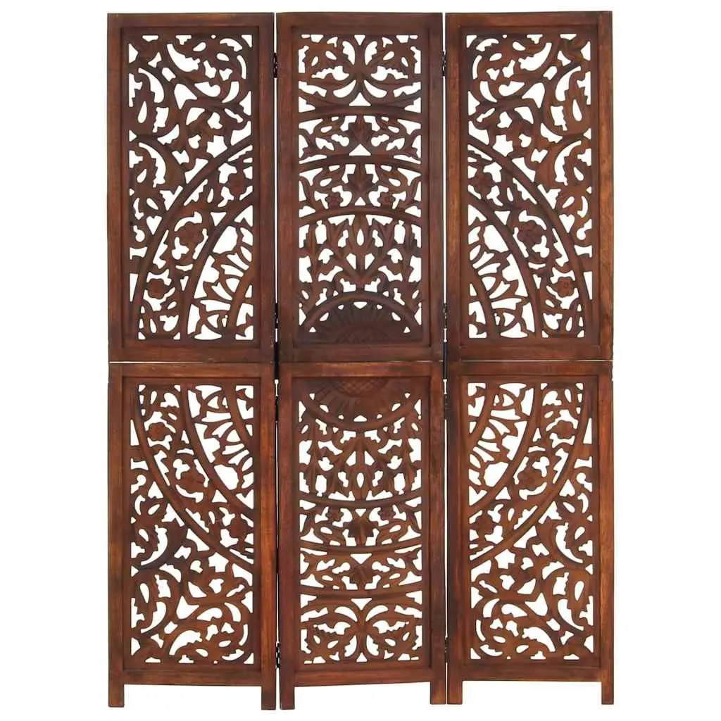 3-Panel Room Divider Brown Wooden Folding Privacy Screen Hand Carved