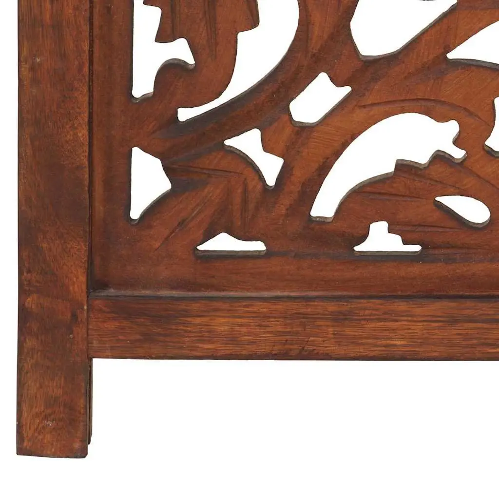 3-Panel Room Divider Brown Wooden Folding Privacy Screen Hand Carved