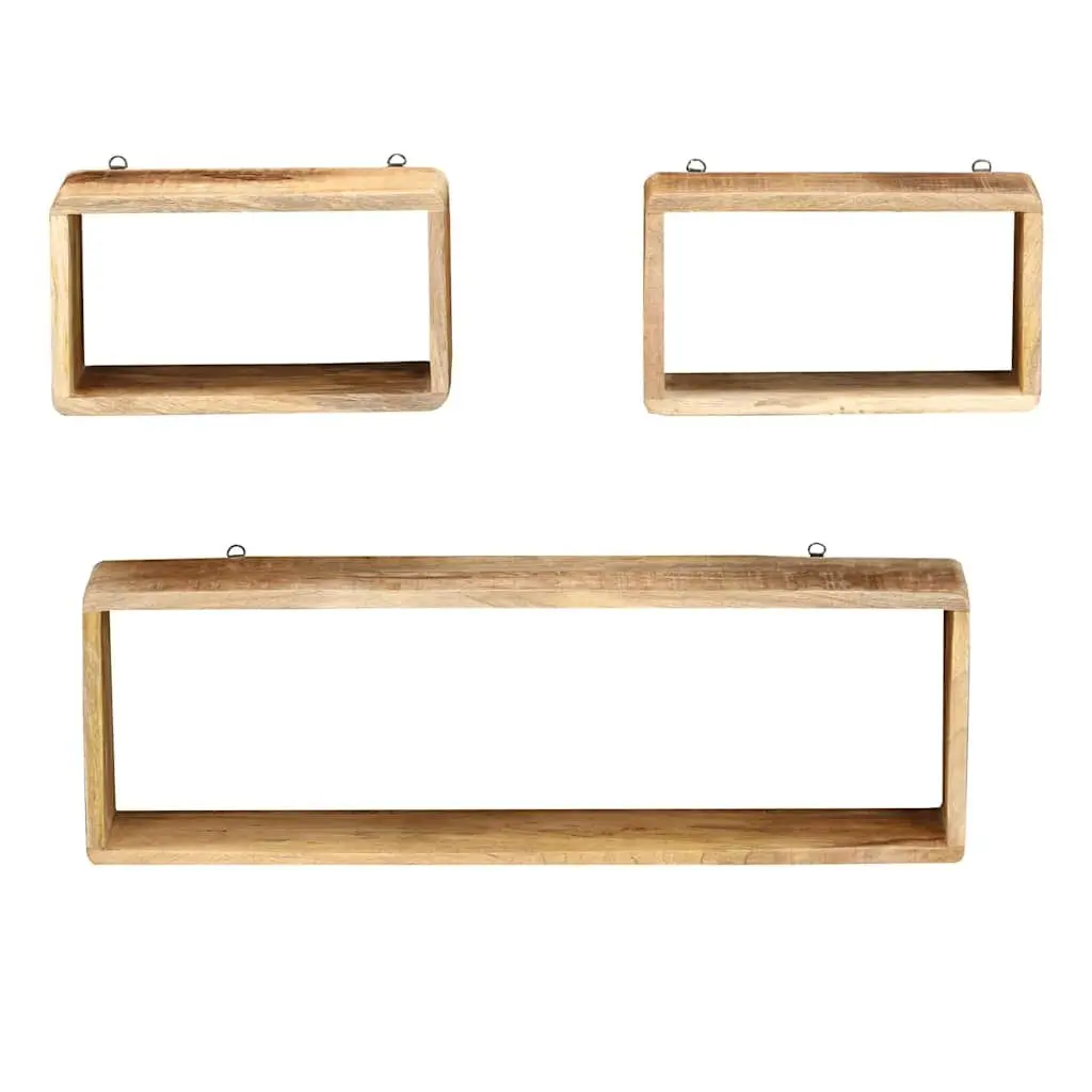 3 Piece Floating Wall Shelf Set Solid Brown Mango Wood Storage Display Cubes