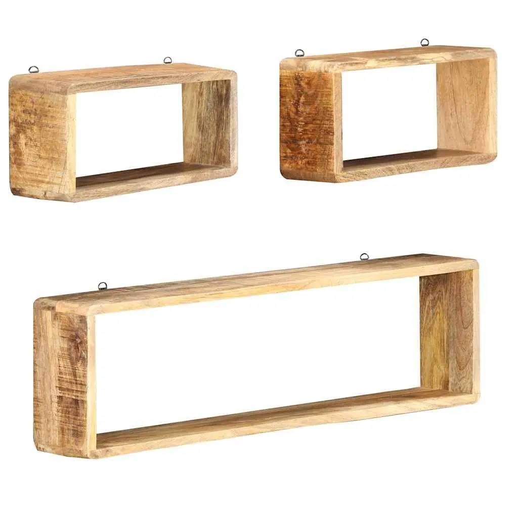 3 Piece Floating Wall Shelf Set Solid Brown Mango Wood Storage Display Cubes