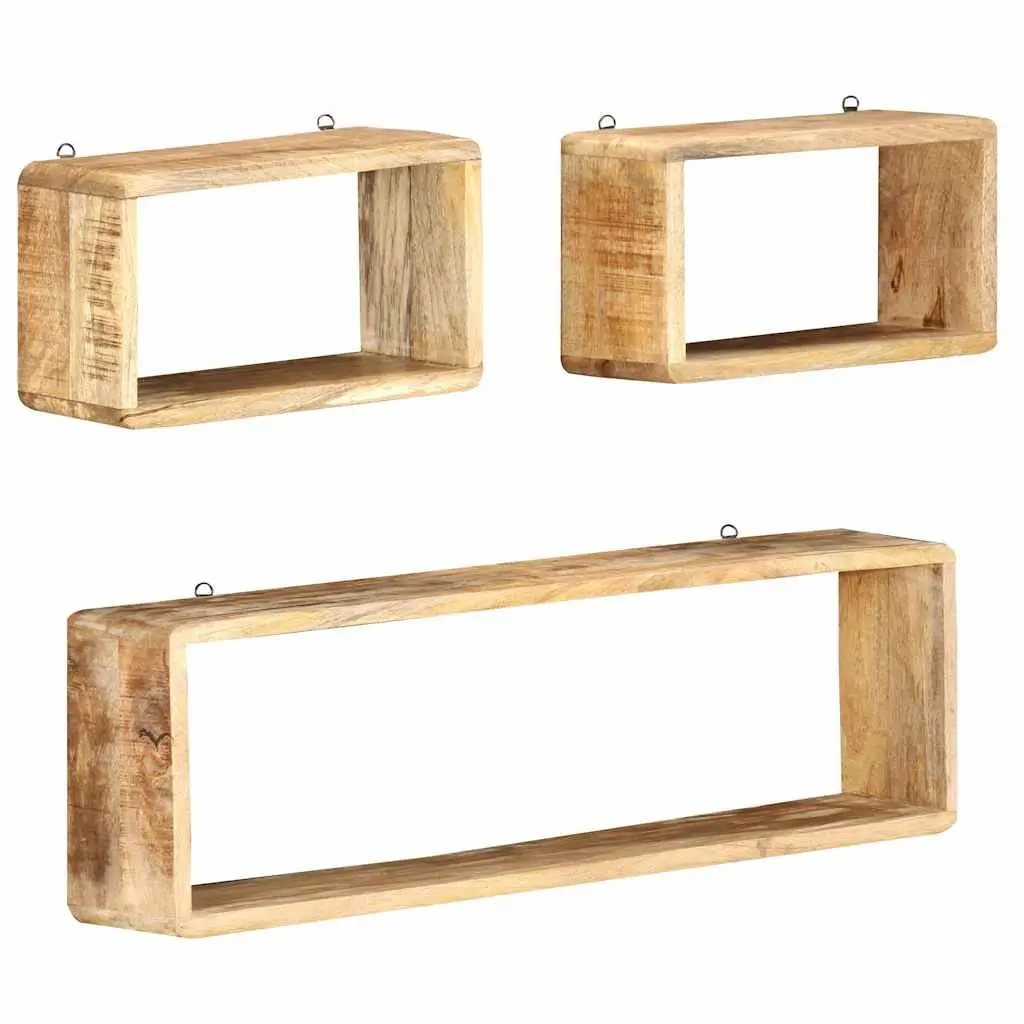 3 Piece Floating Wall Shelf Set Solid Brown Mango Wood Storage Display Cubes