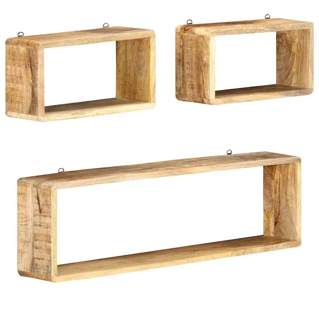 3 Piece Floating Wall Shelf Set Solid Brown Mango Wood Storage Display Cubes