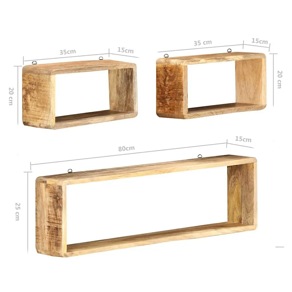 3 Piece Floating Wall Shelf Set Solid Brown Mango Wood Storage Display Cubes