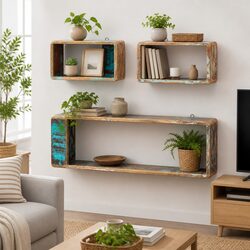 Set of 3 Unique Wall Cube Shelves in Brown Reclaimed Wood