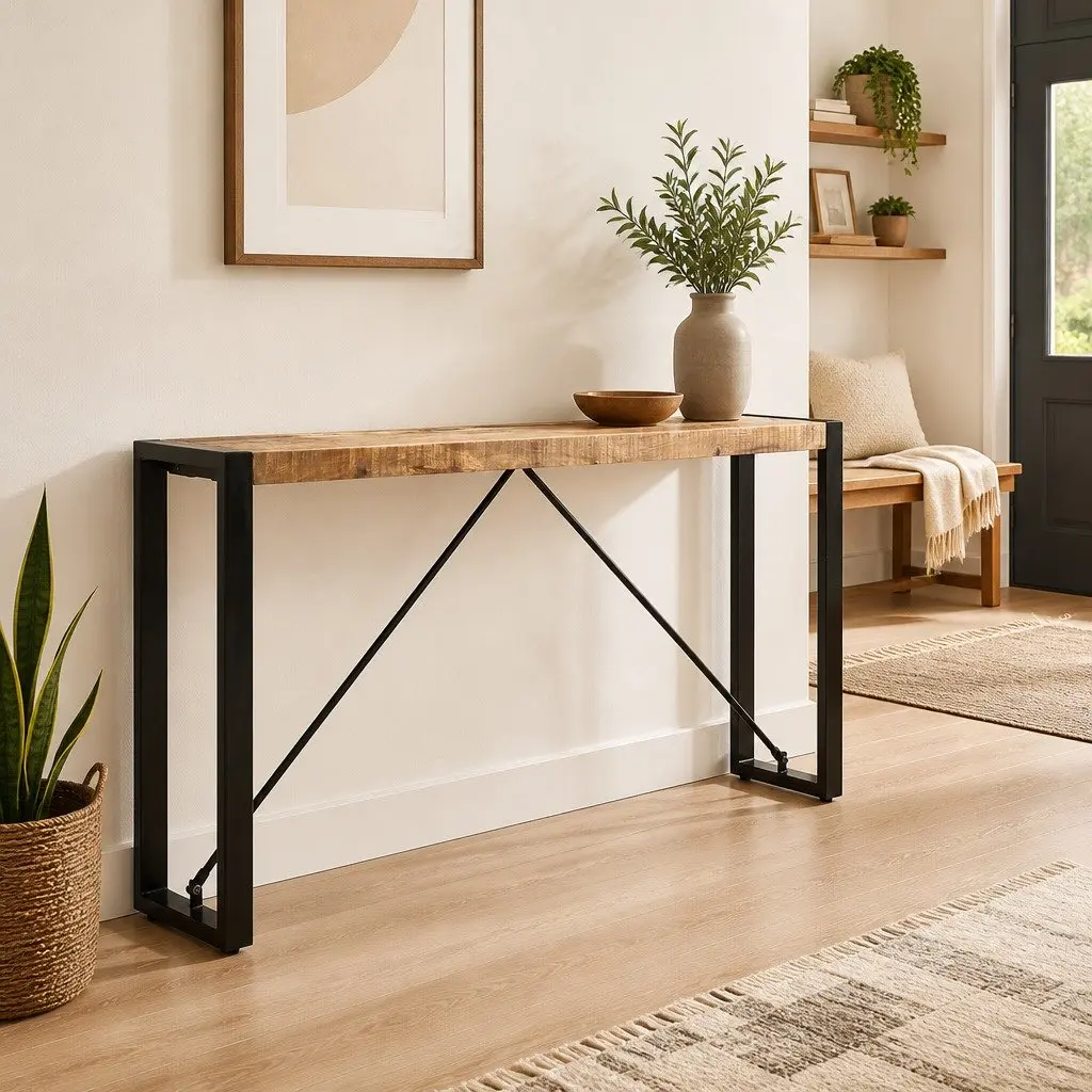 Solid Mango Wood Console Table with Industrial Legs