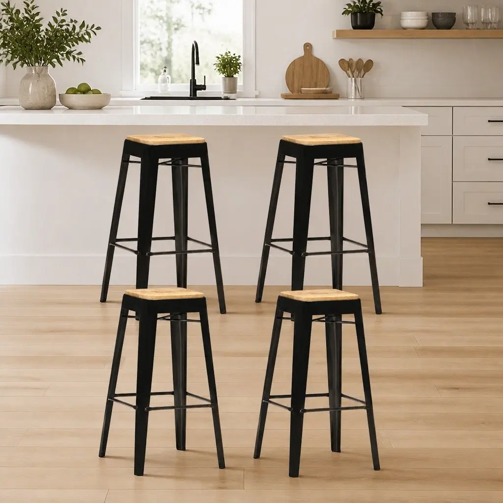 Bar Stools Black 4 Piece Solid Mango Wood Kitchen Dining Chair with Steel Legs