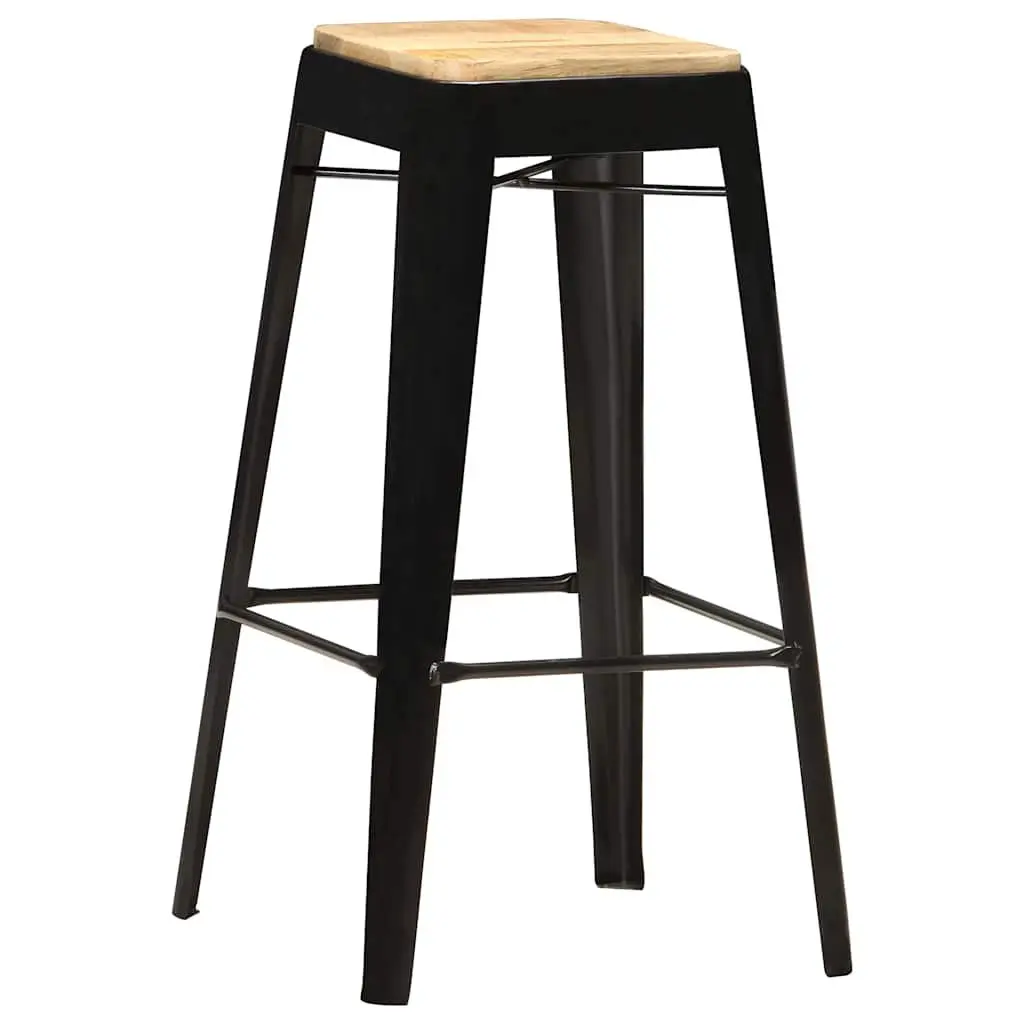 Bar Stools Black 4 Piece Solid Mango Wood Kitchen Dining Chair with Steel Legs