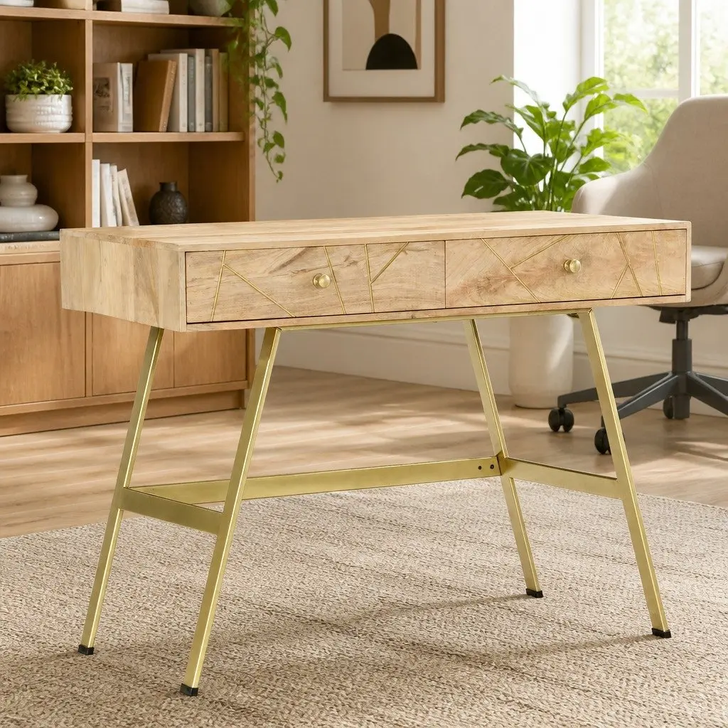 Writing Desk Brown 100x55x75cm Solid Mango Wood Industrial Style with 2 Drawers