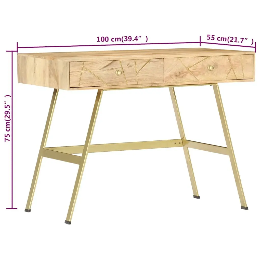 Writing Desk Brown 100x55x75cm Solid Mango Wood Industrial Style with 2 Drawers