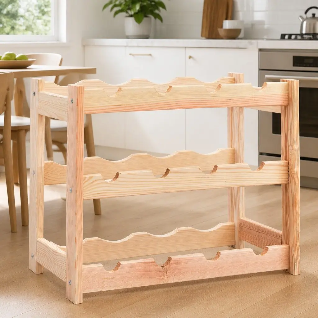 Wine Rack Beige Solid Wood Pine 12 Bottle Storage Display Shelf Holder Stand