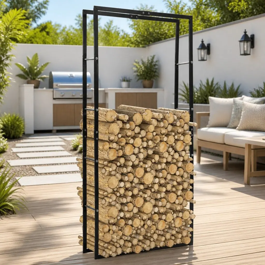 Firewood Rack Black Steel Tall Rectangular Log Holder for Fireplace Storage