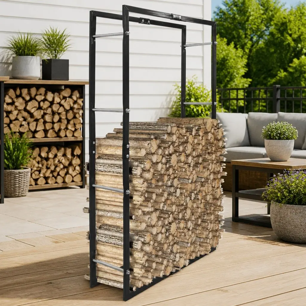 Firewood Holder Tall Black Steel Log Storage Rack for Fireplace and Wood Stove