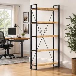 5-Tier Bookcase: Solid Mango Wood with Industrial Design