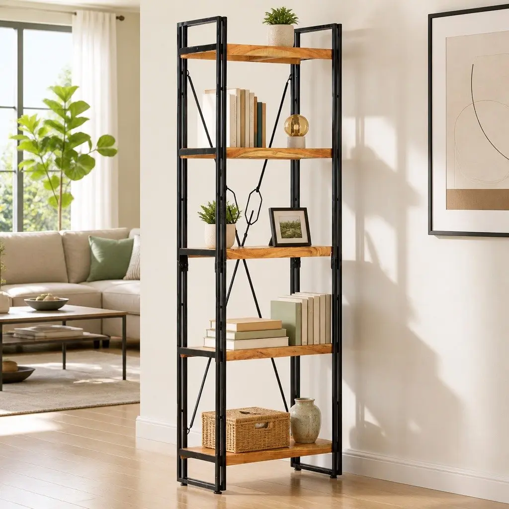 5-Tier Bookcase Brown 60x30x180 cm Solid Acacia Wood Industrial Shelving Unit