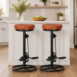 Brown Goat Leather Bar Stools with Unique Footrests