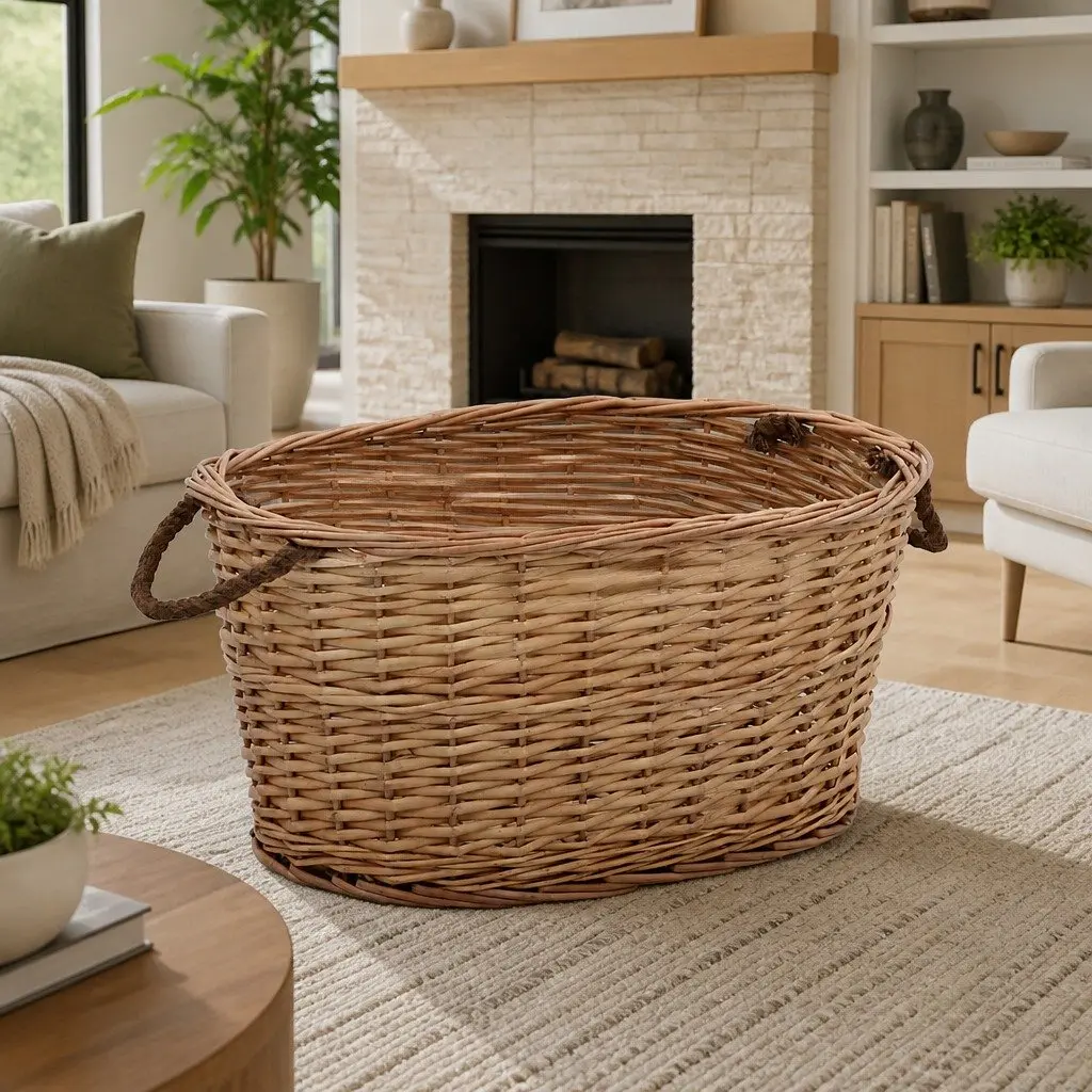 Firewood Basket Brown Natural Willow Durable with Carrying Handles