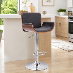 Bar Stool Grey Fabric Padded Seat Wooden Frame Metal Footrest Gas Lift Height