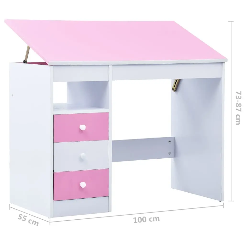 Children's Study Desk Pink White Tiltable Ergonomic Workspace with Storage