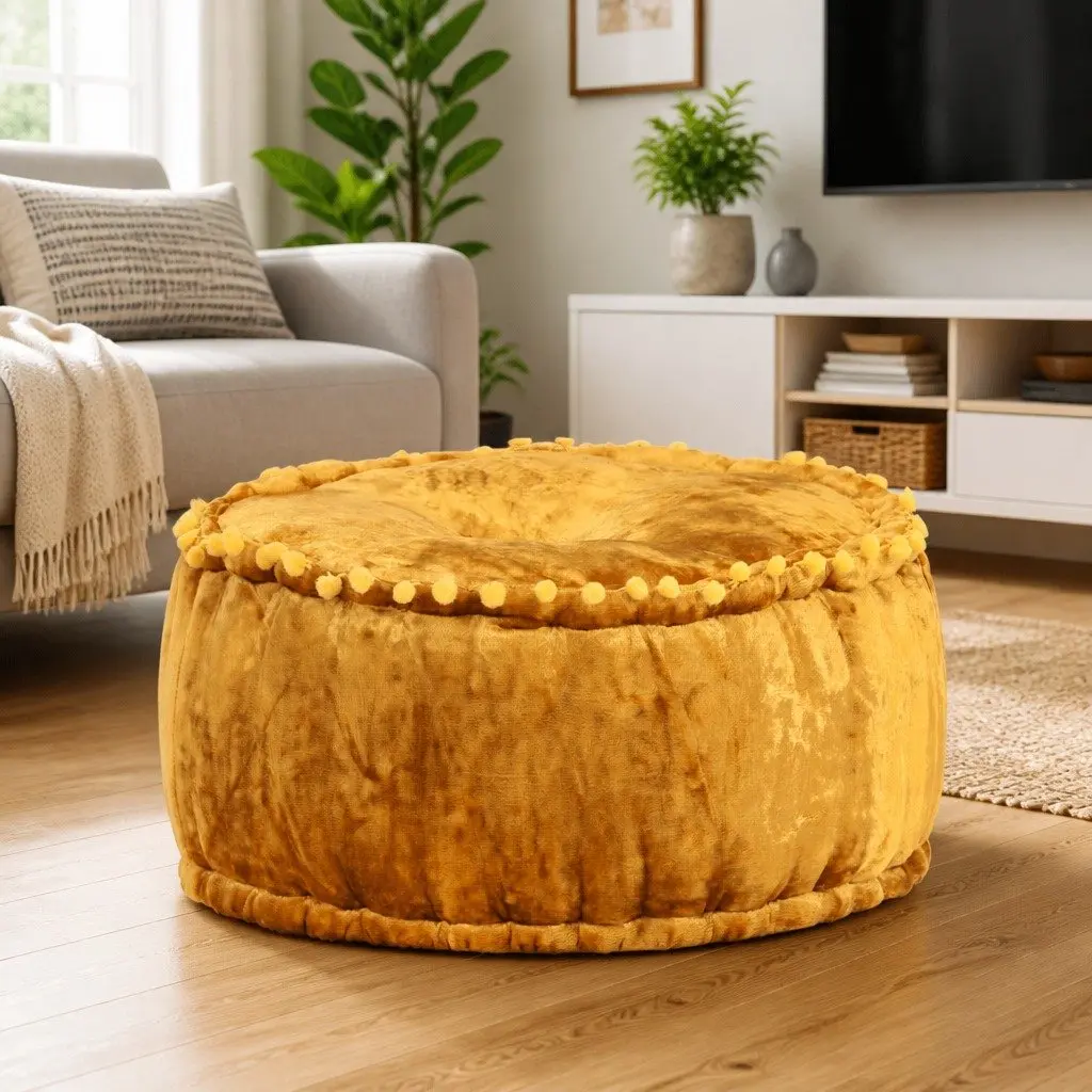 Round Velvet Pouffe Ottoman in Mustard Yellow