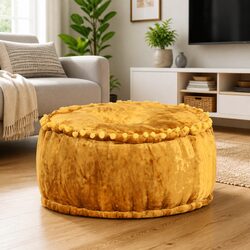 Compact Round Velvet Pouffe Ottoman in Mustard Yellow