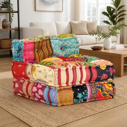 Modular Pouffe Patchwork Fabric Multicolour Convertible Sofa Chaise Lounge Chair