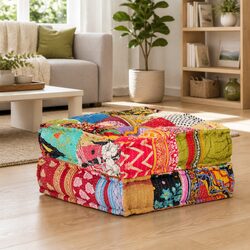 Patchwork Pouffe Footrest Soft Fabric Multicolour Ottoman Sofa Cushion Home