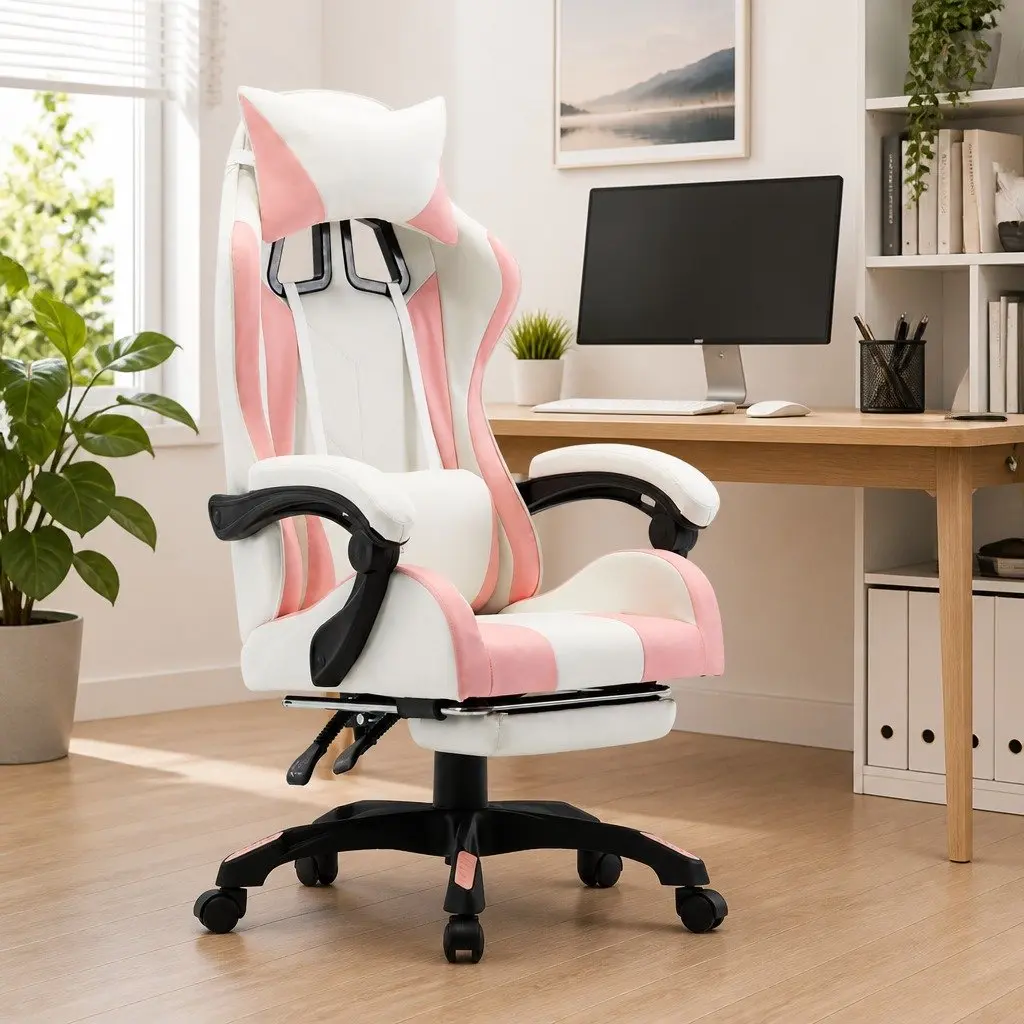 Racing Office Chair Pink Faux Leather Reclining Footrest Adjustable Height 360 Degree Swivel