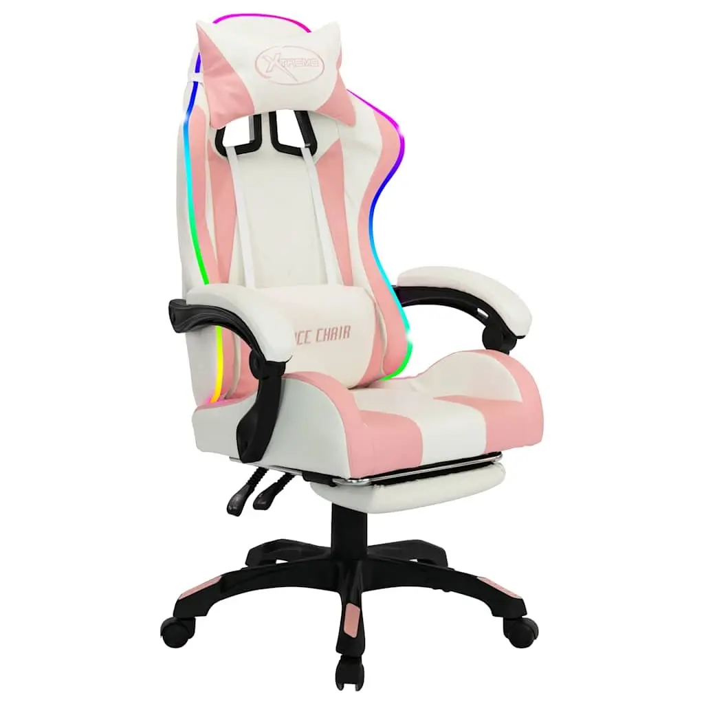 Racing Chair Pink Faux Leather Height Adjustable RGB LED Lights Reclining Footrest