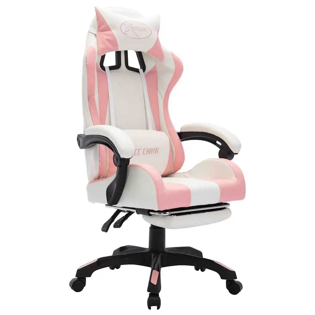Racing Chair Pink Faux Leather Height Adjustable RGB LED Lights Reclining Footrest