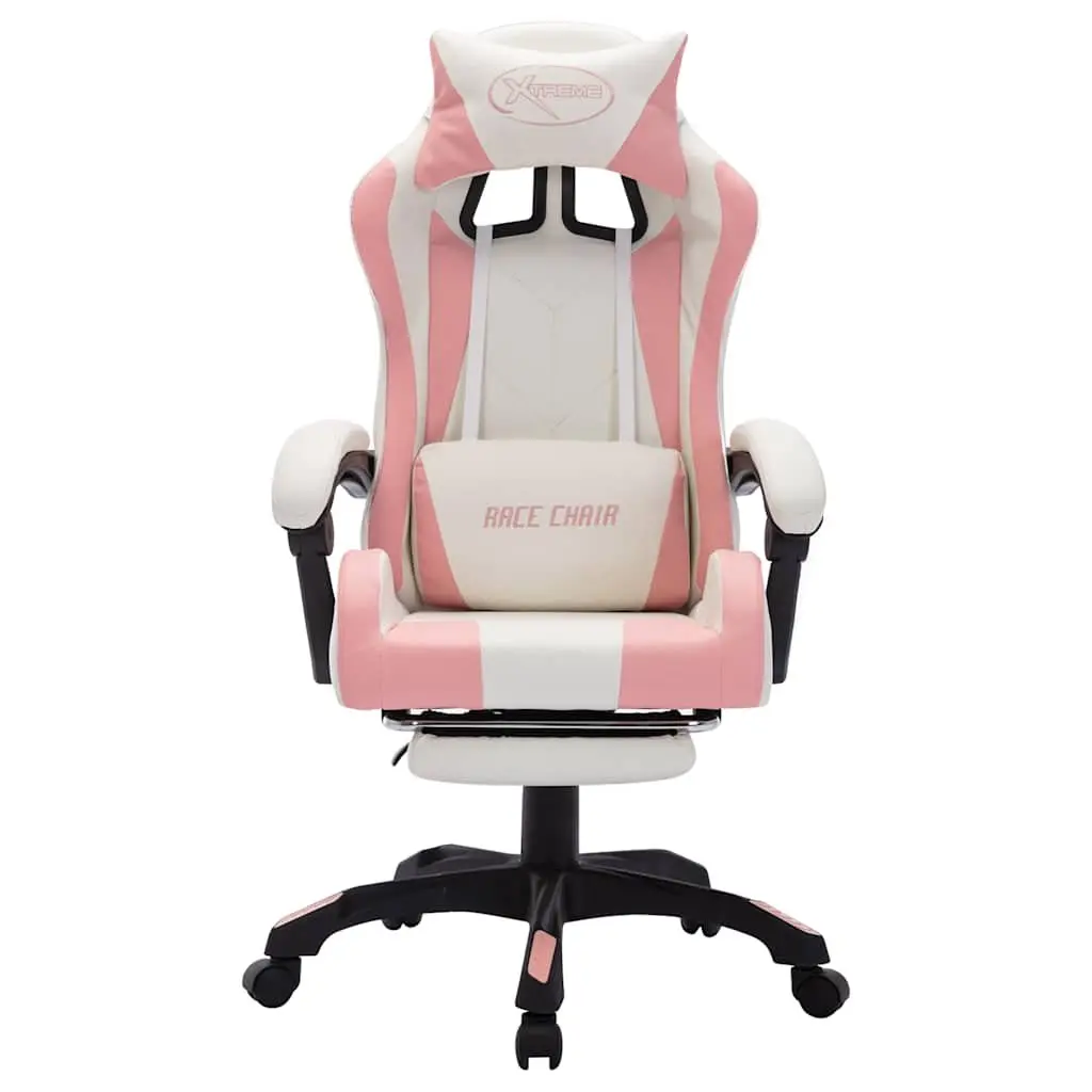 Racing Chair Pink Faux Leather Height Adjustable RGB LED Lights Reclining Footrest