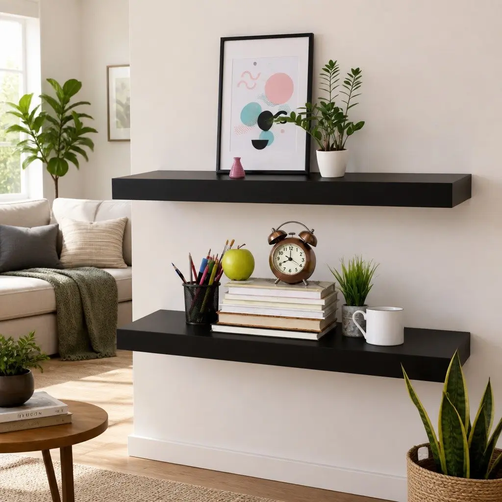 Floating Wall Shelves Black 80 x 20 x 3.8 cm Invisible Mounting System 2 Piece