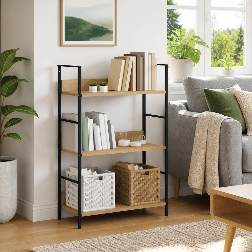 3 Layer Bookshelf Compact Brown Engineered Wood Display Rack Storage Unit