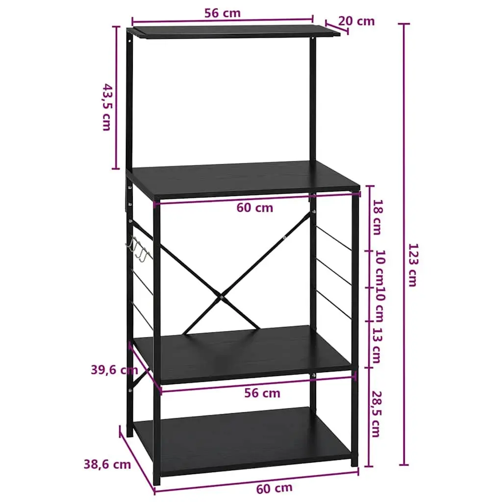 4-Tier Kitchen Storage Cabinet Black Engineered Wood Organiser with Hooks
