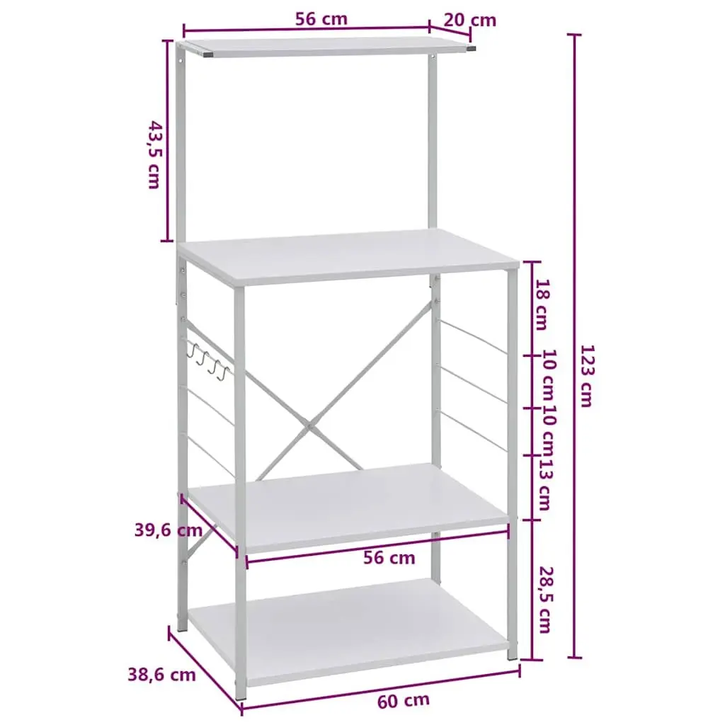 4-Tier Kitchen Storage Cabinet White Engineered Wood with Steel Frame for Microwave and Kitchen Essentials
